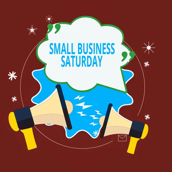 Письменный текст Small Business Saturday. Бизнес-концепция для американского шопинг-праздника во время субботнего пузыря пузырьков с котировками Два мегафона кричат и спорят. — стоковое фото