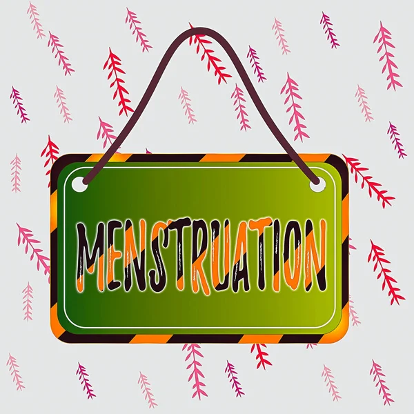 Handwriting text writing Menstruation. Concept meaning cyclical discharging of blood and tissue debris from the uterus Board attached string color black yellow frame empty blank rectangle shape. — Stock Photo, Image