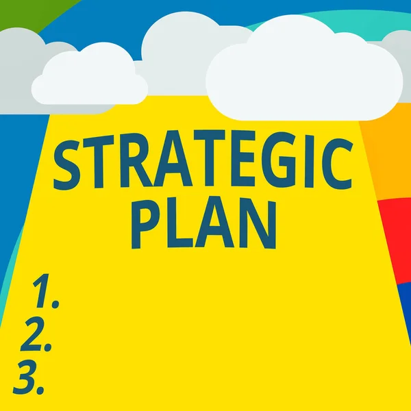 Text sign showing Strategic Plan. Conceptual photo a systematic process of envisioning a desired future Blank Clouds Halftone above Empty Vertical Rectangular Board Text space.