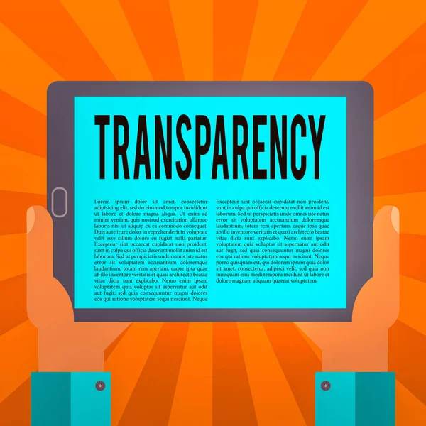 Conceptual hand writing showing Transparency. Business photo text something transparent especially a picture viewed by light Hu analysis Hand Holding Tablet Smartphone Display Unit photo. — Stock Photo, Image