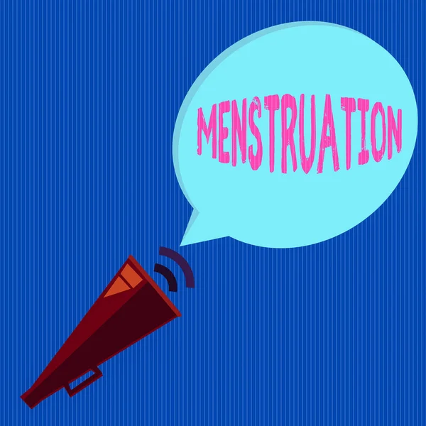 Word writing text Menstruation. Business concept for cyclical discharging of blood and tissue debris from the uterus Piped Megaphone with Sound Effect icon and Blank Halftone Speech Bubble. — Stock Photo, Image