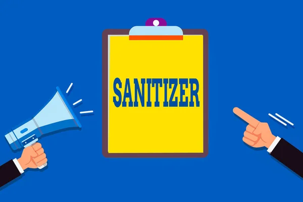 Tekstskilt som viser "Sanitizer". Konseptuell fotovæske eller gel som vanligvis brukes til å redusere smittestoffer To Hu-analyser Hender Megafon holdes som en annen pekepinn på en tom tavle. – stockfoto