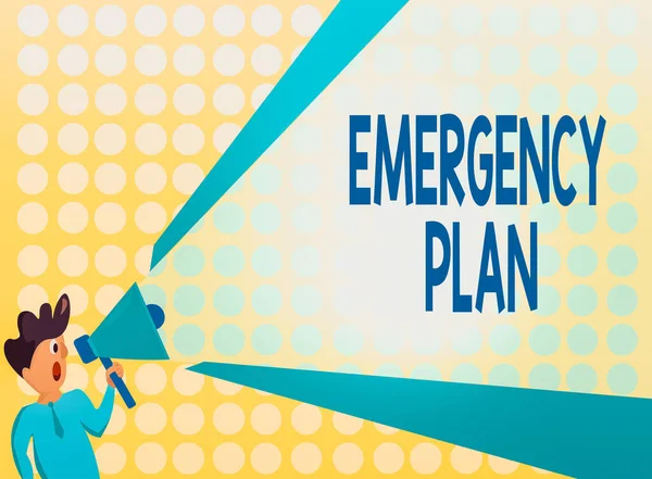 Handwriting text Emergency Plan. Concept meaning instructions that outlines what workers should do in danger Man Standing Talking Holding Megaphone with Extended Volume Pitch Power. — Stock Photo, Image