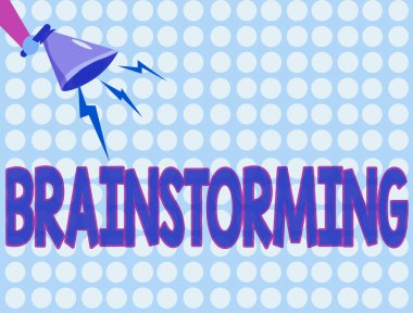 Kelime yazma metni Beyin Fırtınası. Spontane Hu Analizi El Tutma Megafonu ve Şimşek Ses Efekti Simgesini içeren iş tekniği çözme kavramı.