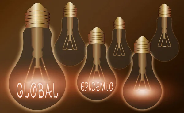 Writing note showing Global Epidemic. Business photo showcasing a rapid spread of a communicable disease over a wide geographic area Realistic colored vintage light bulbs, idea sign solution.
