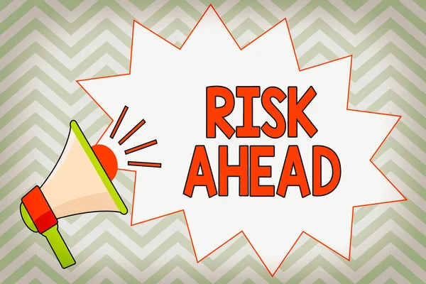 Writing note showing Risk Ahead. Business photo showcasing A probability or threat of damage, injury, liability, loss Megaphone with Volume Sound Effect icon and Blank Jagged Scream Bubble. — Stock Photo, Image