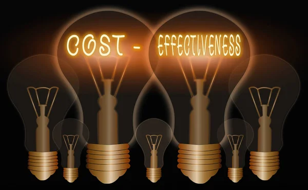 Word writing text Cost Effectiveness. Business concept for degree to which something is effective in relation to its cost. Realistic colored vintage light bulbs, idea sign solution thinking concept.