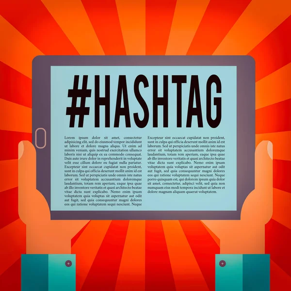 Escritura manual conceptual que muestra Hashtaghashtag. Palabra de texto de foto de negocios precedida por un hash sign hashtag en los sitios web de redes sociales Análisis de Hu Hand Holding Tablet Smartphone Display Unit photo. — Foto de Stock