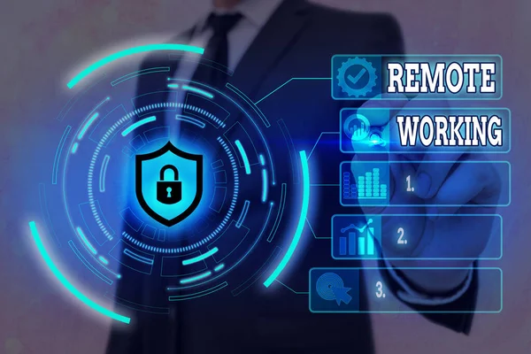 Word writing text Remote Working. Geschäftskonzept für Stil, der es Profis ermöglicht, außerhalb eines Büros zu arbeiten Graphics Vorhängeschloss für Web-Dateninformationssicherheitsanwendungssystem. — Stockfoto