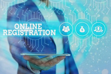 Çevrimiçi kayıt gösteren kavramsal el yazısı. İnternet Sistem Yöneticisi denetimi, dişli yapılandırma ayarları aracılığıyla abone olmak veya kaydetmek için iş fotoğrafı görüntüleme sistemi.