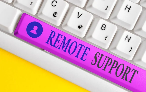 Handwriting text writing Remote Support. Concept meaning type of secure service, which permits representatives to help Different colored keyboard key with accessories arranged on empty copy space. — Stock Photo, Image