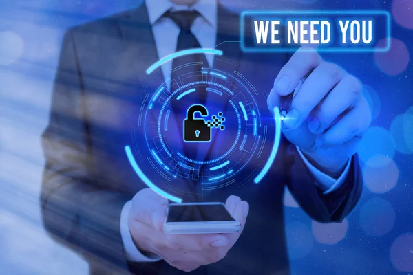 Word writing text We Need You. Business concept for to fulfill the needs of the assignment duty or obligation Graphics padlock for web data information security application system. — Stock Photo, Image