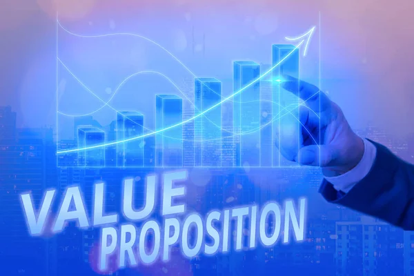 Writing note showing Value Proposition. Business photo showcasing feature intended to make a company or product attractive Arrow symbol going upward showing significant achievement. — Stock Photo, Image