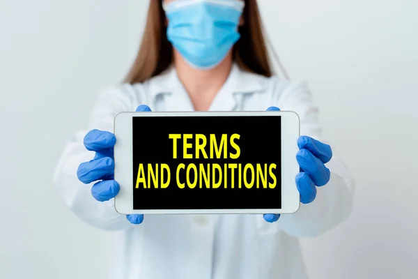 Handwriting text Terms And Conditions. Concept meaning rules that apply to fulfilling a particular contract Laboratory technician featuring empty sticker paper accessories smartphone. — Stock Photo, Image