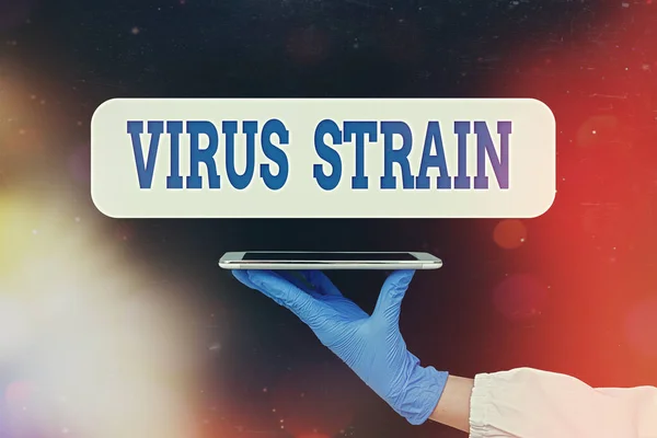 Mesaj işareti Virüs Strain 'i gösteriyor. Orijinal mikroorganizmadan türetilmiş başka bir genetik varyant boş kağıt aksesuar, tıbbi eldiven takılı akıllı telefon.. — Stok fotoğraf