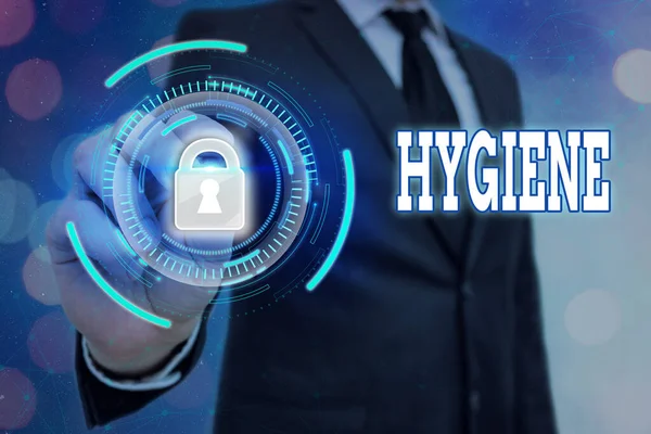 Hygiene 을 보여 주는 필기 노트. ( 영어 ) Business photo showcasing Study of science of the establishment and maintain of health Graphics pirlock for web data information security application system. — 스톡 사진