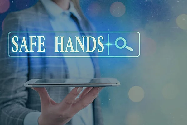 Text sign showing Safe Hands. Conceptual photo Ensuring the sterility and cleanliness of the hands for decontamination Web search digital information futuristic technology network connection.