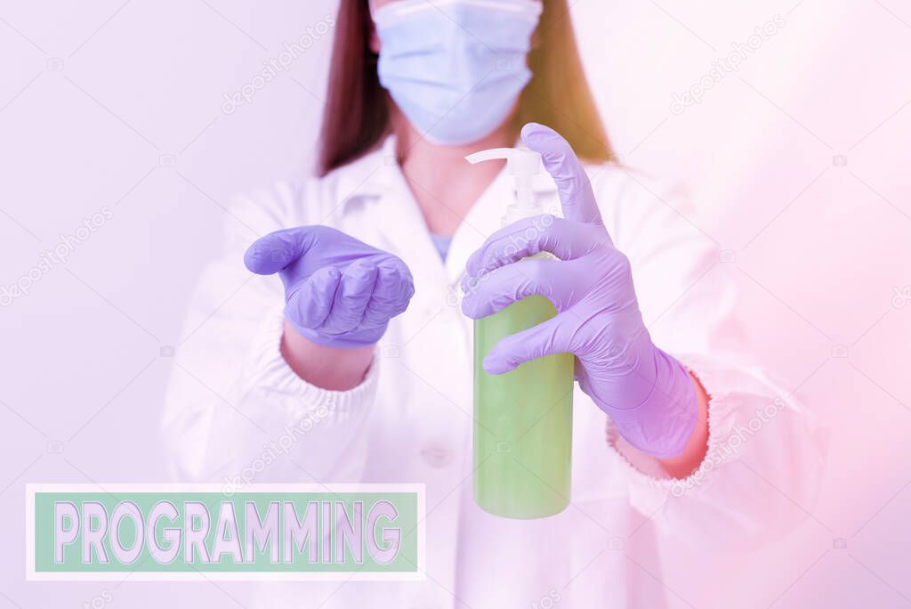 Handwriting text Programming. Concept meaning the process of preparing an instructional program for a device Laboratory blood test sample shown for medical diagnostic analysis result.