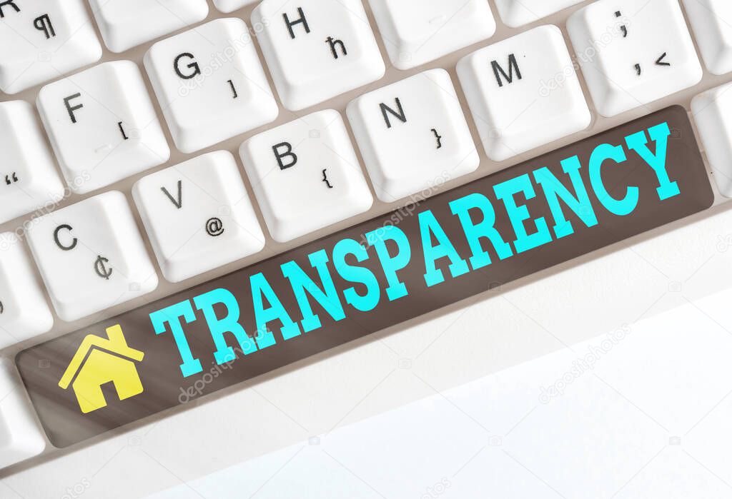 Text sign showing Transparency. Conceptual photo something transparent especially a picture viewed by light Different colored keyboard key with accessories arranged on empty copy space.