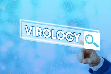 Virolojiyi gösteren kavramsal el yazısı. Bilimin çeşitli viral etkenler ve hastalıklarla uğraşan iş fotoğraflarının sergilendiği dijital fütüristik ağ bağlantısı.