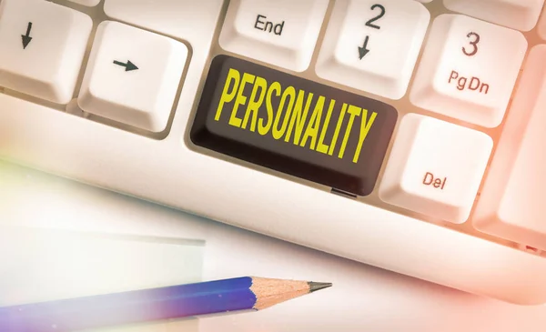 Text sign showing Personality. Conceptual photo the condition or fact of relating to a particular an individual Different colored keyboard key with accessories arranged on empty copy space. — Stock Photo, Image
