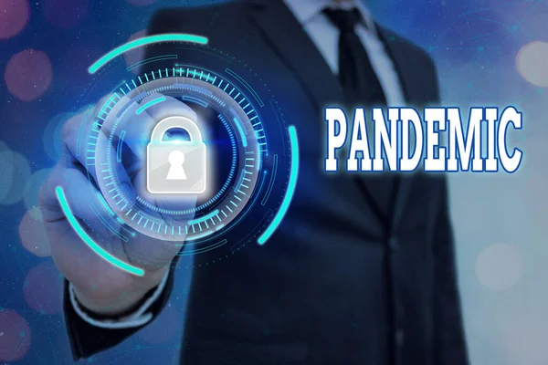 Writing note showing Pandemic. Business photo showcasing occurring over a wide area affecting high proportion of population Graphics padlock for web data information security application system. — Stock Photo, Image