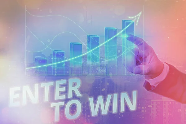 Writing note showing Enter To Win. Business photo showcasing exchanging something value for prize or chance of winning Arrow symbol going upward showing significant achievement. — Stock Photo, Image
