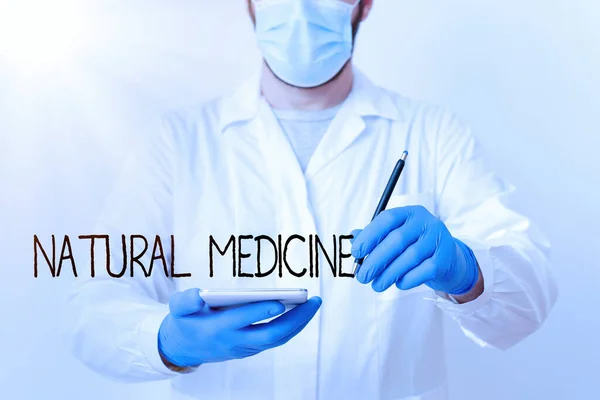 Text sign showing Natural Medicine. Conceptual photo any of various systems of healing or treating disease Laboratory Technician Featuring Empty Sticker Paper Accessories Smartphone.