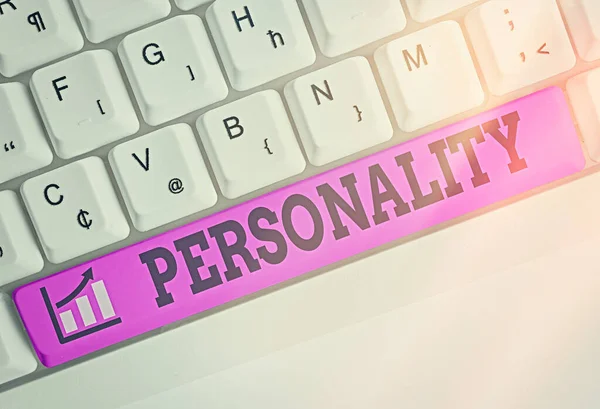 Conceptual hand writing showing Personality. Business photo text the condition or fact of relating to a particular an individual Colored keyboard key with accessories arranged on empty copy space. — Stock Photo, Image