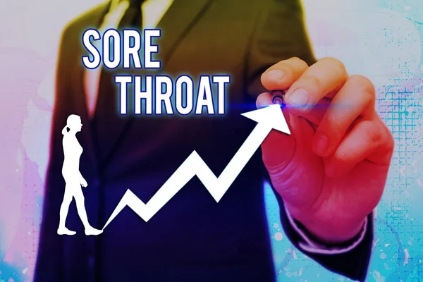 Word writing text Sore Throat. Business concept for Inflammation ot the pharynx and fauces resulted from an irritation Arrow symbol going upward denoting points showing significant achievement.