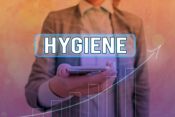 Hygiene 이라는 글자를 쓴다. 건강 애로우 기호가 위로 올라가는 것에 대한 과학의 설립 및 유지에 대한 연구 의의 미는 의미심장 한 업적을 나타내는 점들을 나타내는 것이다. — 스톡 사진