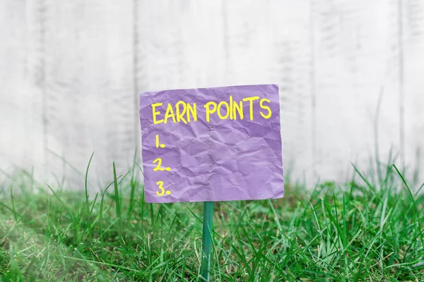 Conceptual hand writing showing Earn Points. Business photo text getting praise or approval for something you have done Plain paper attached to stick and placed in the grassy land.
