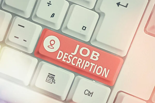 Segno di testo che mostra Job Description. Foto concettuale un resoconto formale di un dipendente s è responsabilità Tasto tastiera colorato diverso con accessori disposti su spazio vuoto copia. — Foto Stock