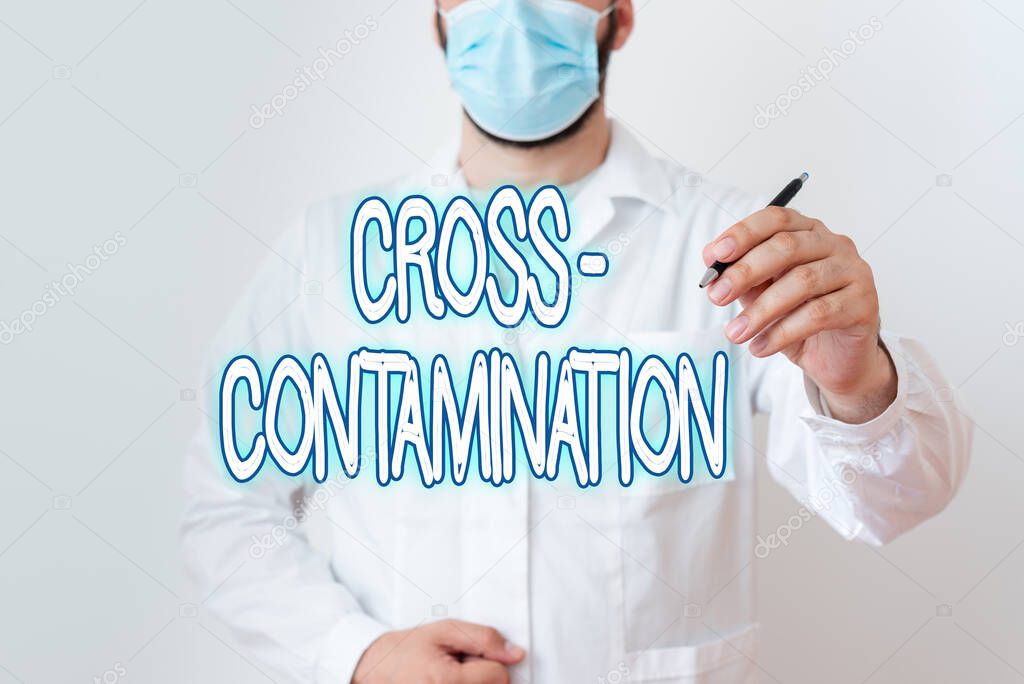 Writing note showing Cross Contamination. Business photo showcasing Unintentional transmission of bacteria from one substance to another Laboratory Technician Featuring Sticker Paper Smartphone.