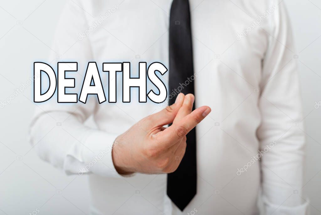 Text sign showing Deaths. Conceptual photo permanent cessation of all vital signs, instance of dying individual Model with pointing hand finger symbolizing navigation progress growth.