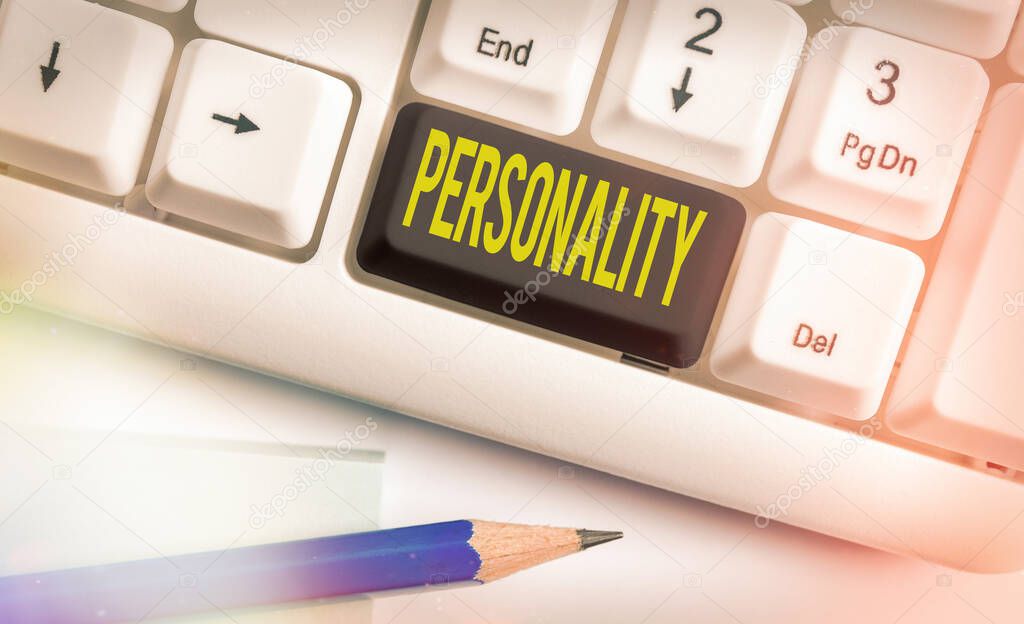 Text sign showing Personality. Conceptual photo the condition or fact of relating to a particular an individual Different colored keyboard key with accessories arranged on empty copy space.