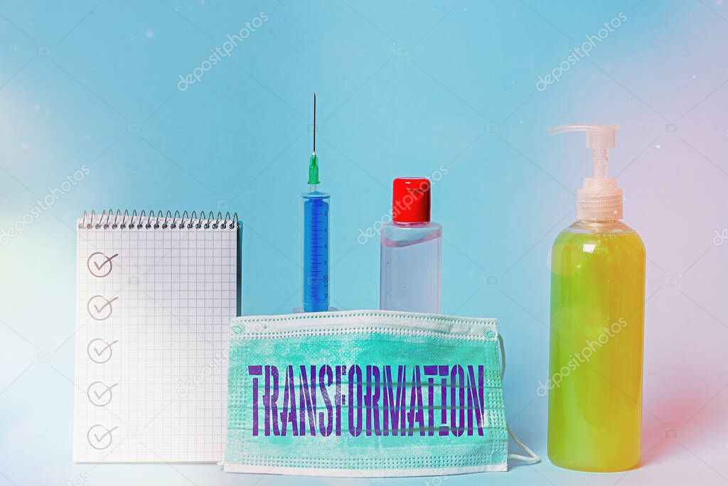 Writing note showing Transformation. Business photo showcasing process, or instance of transforming or being transformed Set of medical equipment with notepad for health condition assessment.