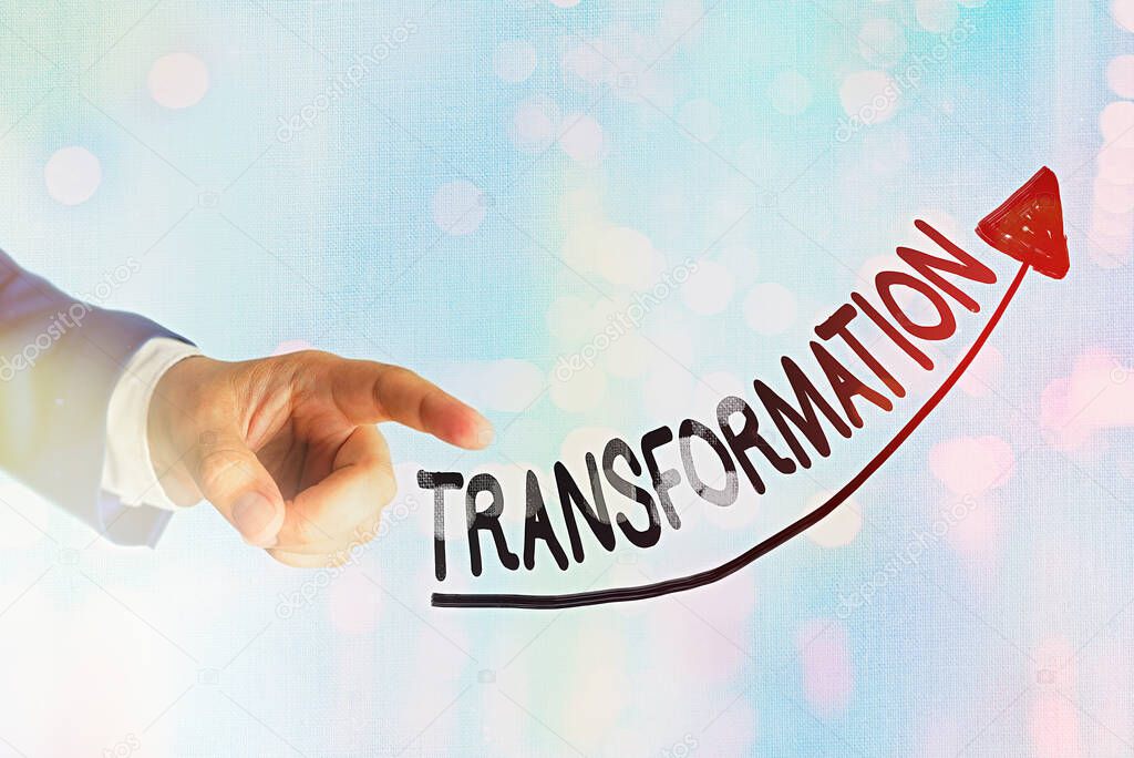 Writing note showing Transformation. Business photo showcasing process, or instance of transforming or being transformed Digital arrowhead curve denoting growth development concept.