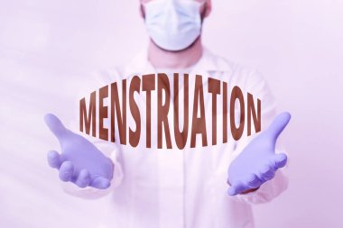 El yazısı metni adet dönemi. Konsept, rahim laboratuvarındaki kan ve doku kalıntılarının boş çıkartma aksesuarları ve akıllı telefon aksesuarları içeren döngüsel boşaltımı anlamına gelir..