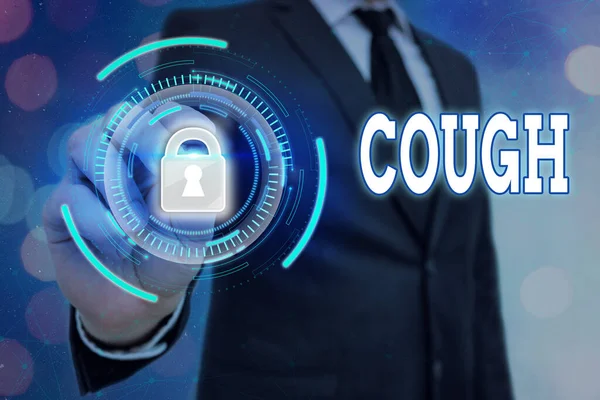Writing note showing Cough. Business photo showcasing sudden expulsion of air throughout the passages to clear airways Graphics padlock for web data information security application system. — Stock Photo, Image
