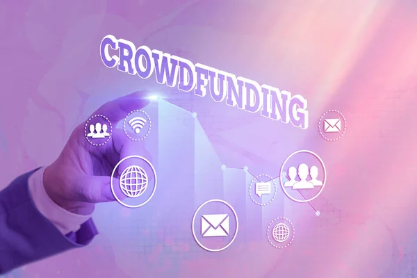 Writing note showing Crowdfunding. Business photo showcasing practice obtaining needed funding by soliciting contributions Arrow symbol going upward showing significant achievement. — Stock Photo, Image
