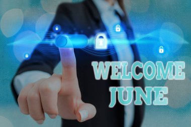 Kavramsal el yazısı, hoş geldin haziranını gösteriyor. İş fotoğrafı gösterimi Takvimi İkinci Çeyrek Takvim Web veri güvenliği uygulaması için Otuz Gün Grafik Kilidi.