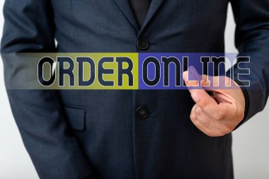 Order Online 'ı gösteren bir not yazıyorum. İnternet Modeli üzerinden mal ve hizmet satın alan satıcıların iş fotoğraflarının sergilenmesi, seyrüsefer gelişimi büyümesini sembolize ediyor..