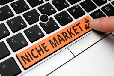 Niche Market 'i gösteren bir mesaj. Özel ürünün odaklandığı pazarın kavramsal fotoğraf altkümesi Boş arkaplanda aksesuarlar ve farklı renkte PC klavye anahtarı.