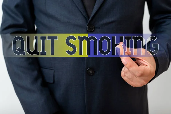 Writing note showing Quit Smoking. Business photo showcasing Discontinuing or stopping the use of tobacco addiction Model with pointing hand finger symbolizing navigation progress growth. — Stock Photo, Image