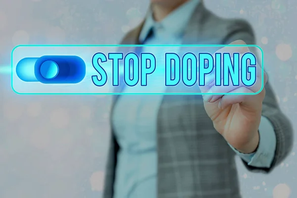 Note d'écriture montrant Stop Doping. Photo d'affaires montrant cesser l'utilisation de drogues interdites améliorant la performance athlétique Cadenas graphique pour le système d'application de sécurité de l'information des données Web. — Photo