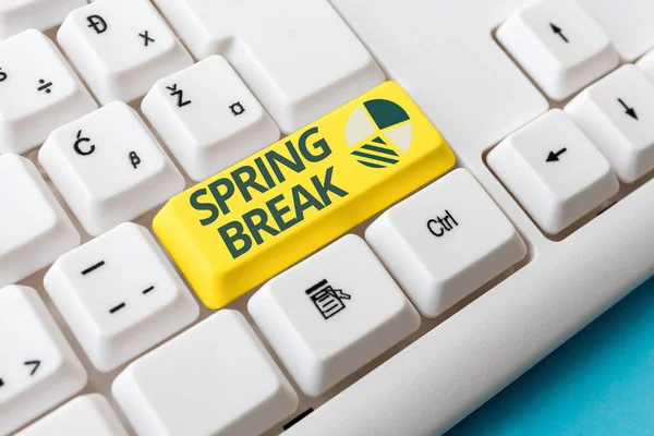 Escrita de mão conceitual mostrando Spring Break. Texto da foto de negócios Período de férias na escola e universidades durante a primavera Tecla de teclado para PC colorida Com acessórios no fundo vazio. — Fotografia de Stock