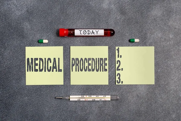 Word writing text Medical Procedure. Business concept for a course of action intended to achieve a result of healthcare Extracted blood sample vial with medical accessories ready for examination.