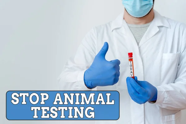 Ordskrivning text Stoppa djurförsök. Affärsidé för att sätta stopp för djurförsök eller forskning Laboratory Blood Test Sample Visas för medicinsk diagnostisk analys Resultat. — Stockfoto