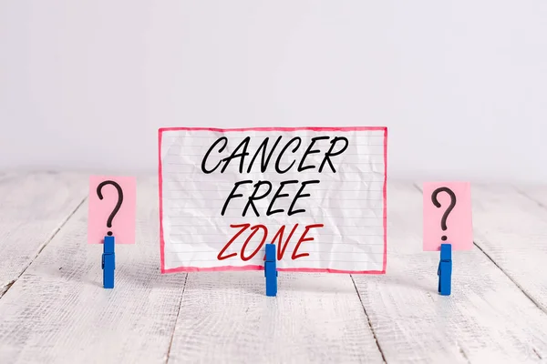 Handwriting text Cancer Free Zone. Concept meaning supporting cancer patients and raising awareness of cancer Scribbled and crumbling sheet with paper clips placed on the wooden table.